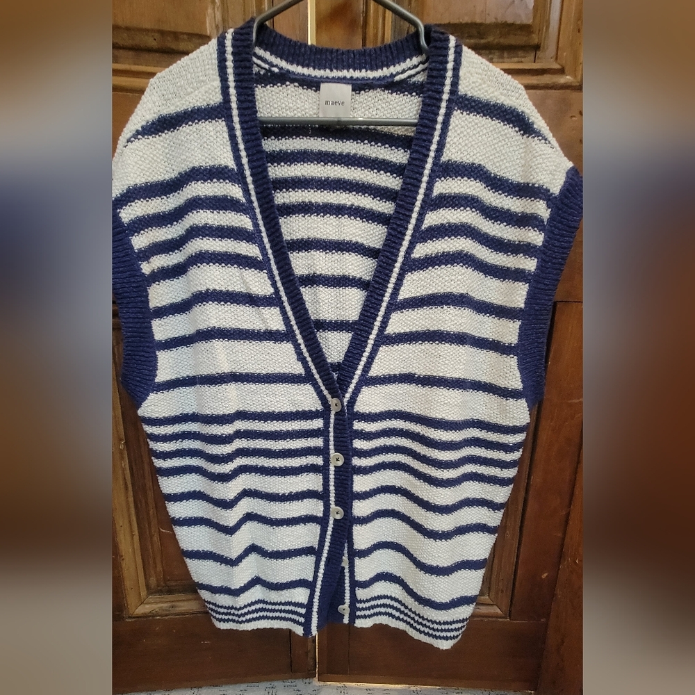 Striped Blue and White Knit Sleevless Cardigan